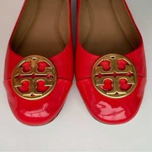 Tory Burch Poppy Red Orange Chelsea Patent Captoe Leather Ballet Flat